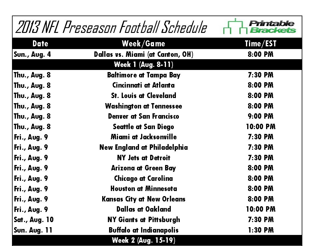 Printable NFL Preseason Schedule Released as Start of Regular Season